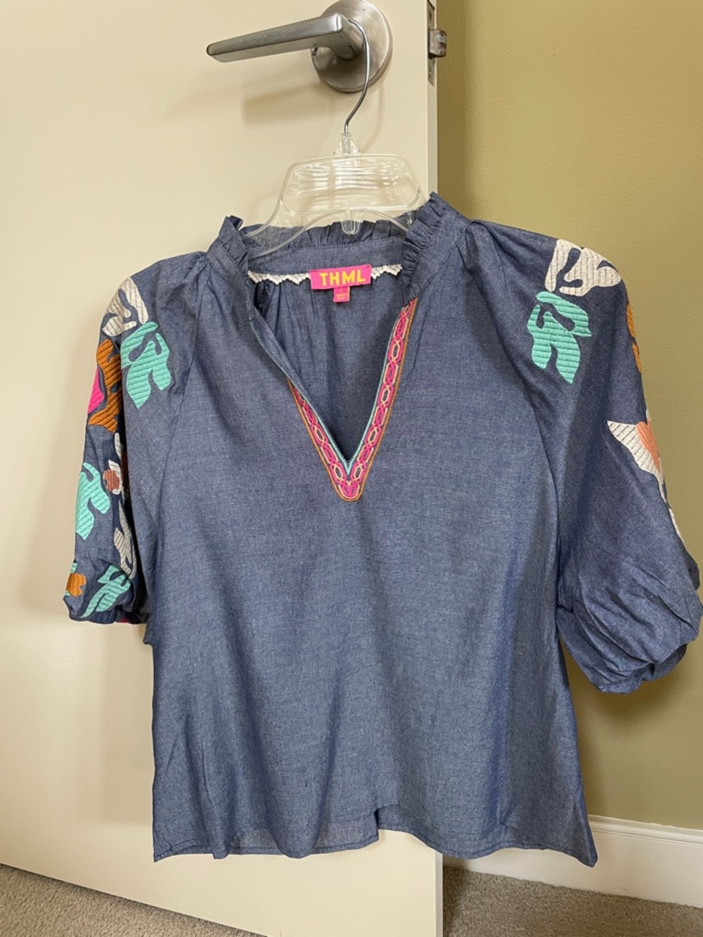 THML Chambray Blue Embroidered V-Neck Puff Sleeve Blouse